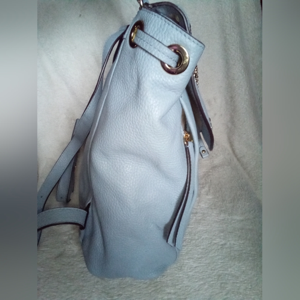 Michael Kors Riley Powder Blue Pebbled Leather Gold Studded Drawstring Backpack - Picture 4 of 12